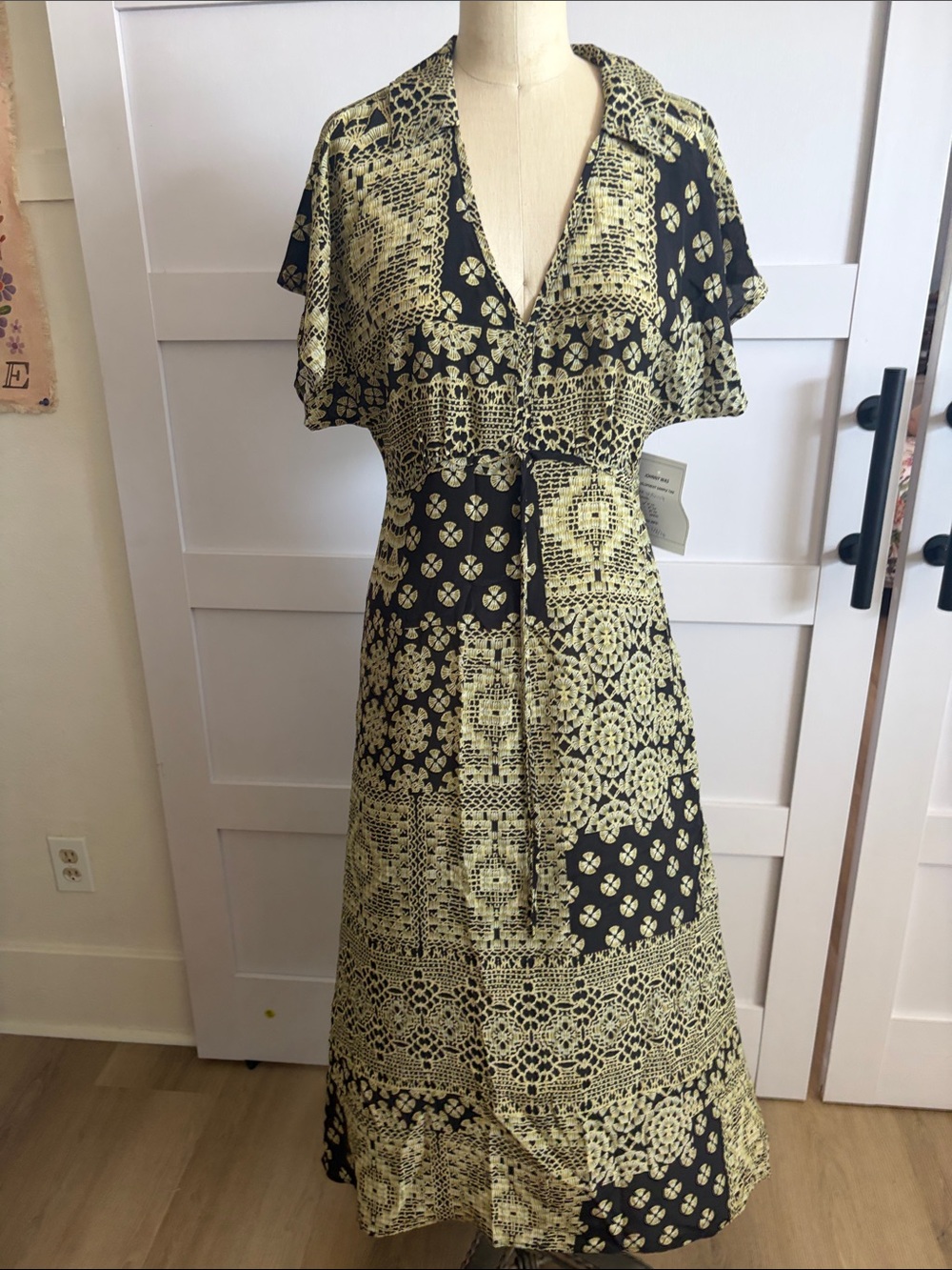Johnny Was Black and Yellow Maxi Dress with Crochet-Inspired Print